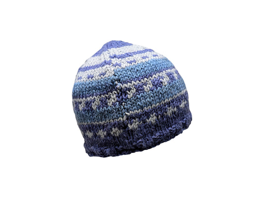 Handmade 100% Wool Beanie Unisex Adults Knit Hat Stripe Warm Fleece Lined boho Winter Cap Blue