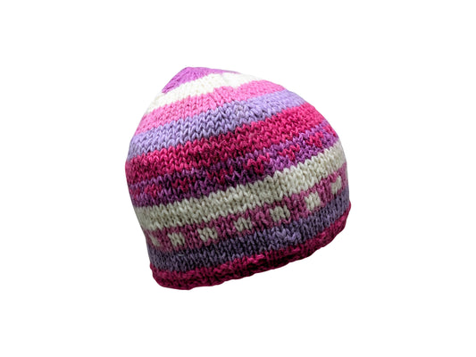 Handmade 100% Wool Beanie Unisex Adults Knit Hat Stripe Warm Fleece Lined boho Winter Cap Pink Multi