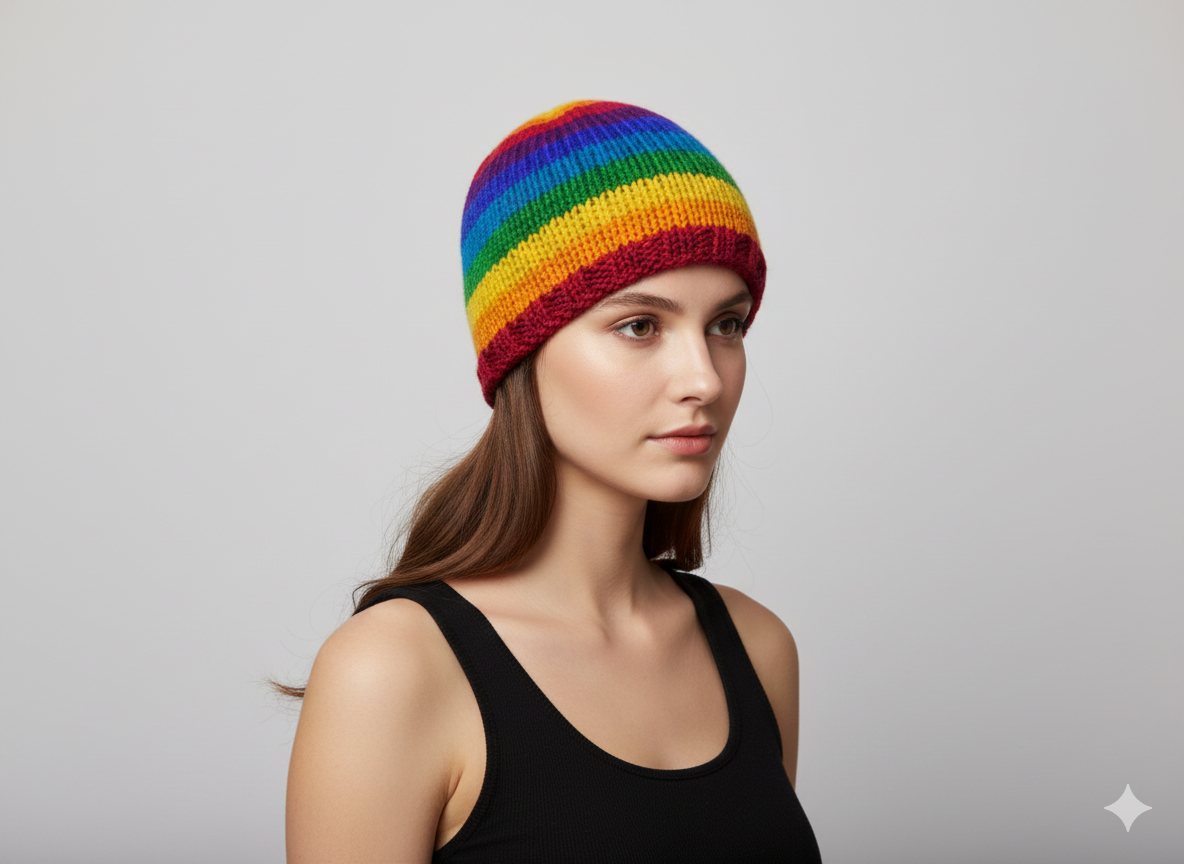Handmade 100% Wool Beanie Unisex Adults Knit Hat Stripe Warm Fleece Lined boho Winter Cap Rainbow - P6