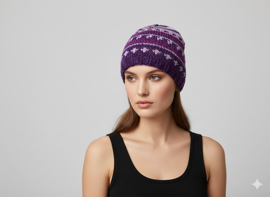 Handmade 100% Wool Beanie Unisex Adults Knit Hat Stripe Warm Fleece Lined boho Winter Cap Purple - P2