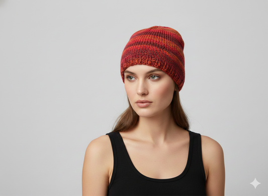 Handmade 100% Wool Beanie Unisex Adults Knit Hat Stripe Warm Fleece Lined boho Winter Cap Red - P3