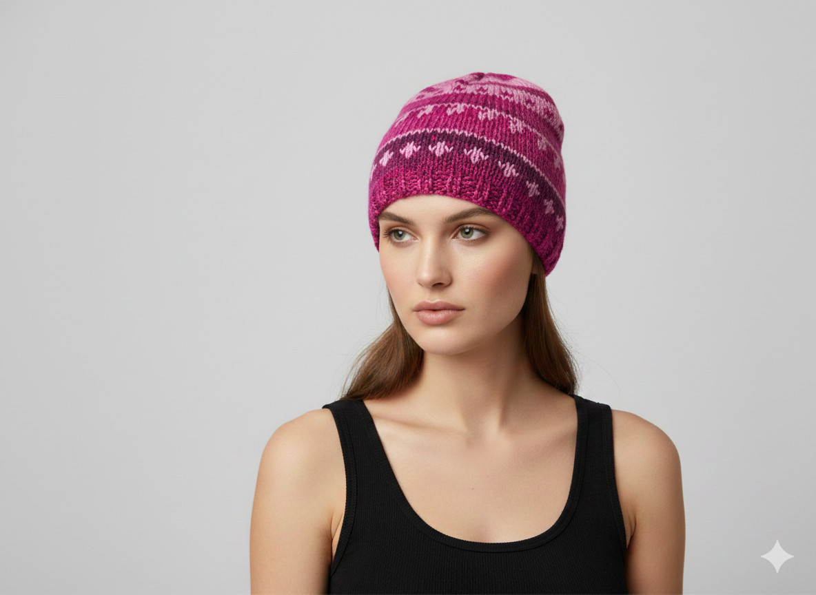 Handmade 100% Wool Beanie Unisex Adults Knit Hat Stripe Warm Fleece Lined boho Winter Cap Pink - P4