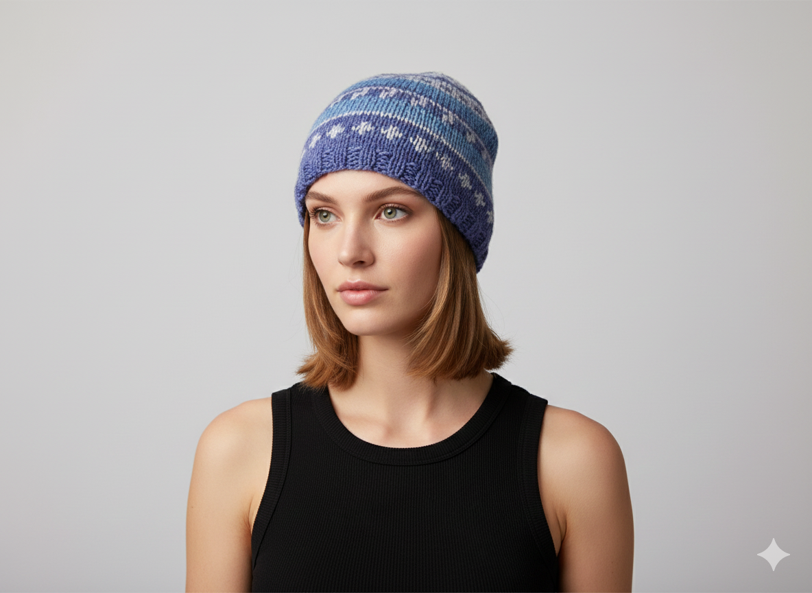 Handmade 100% Wool Beanie Unisex Adults Knit Hat Stripe Warm Fleece Lined boho Winter Cap Blue - P5