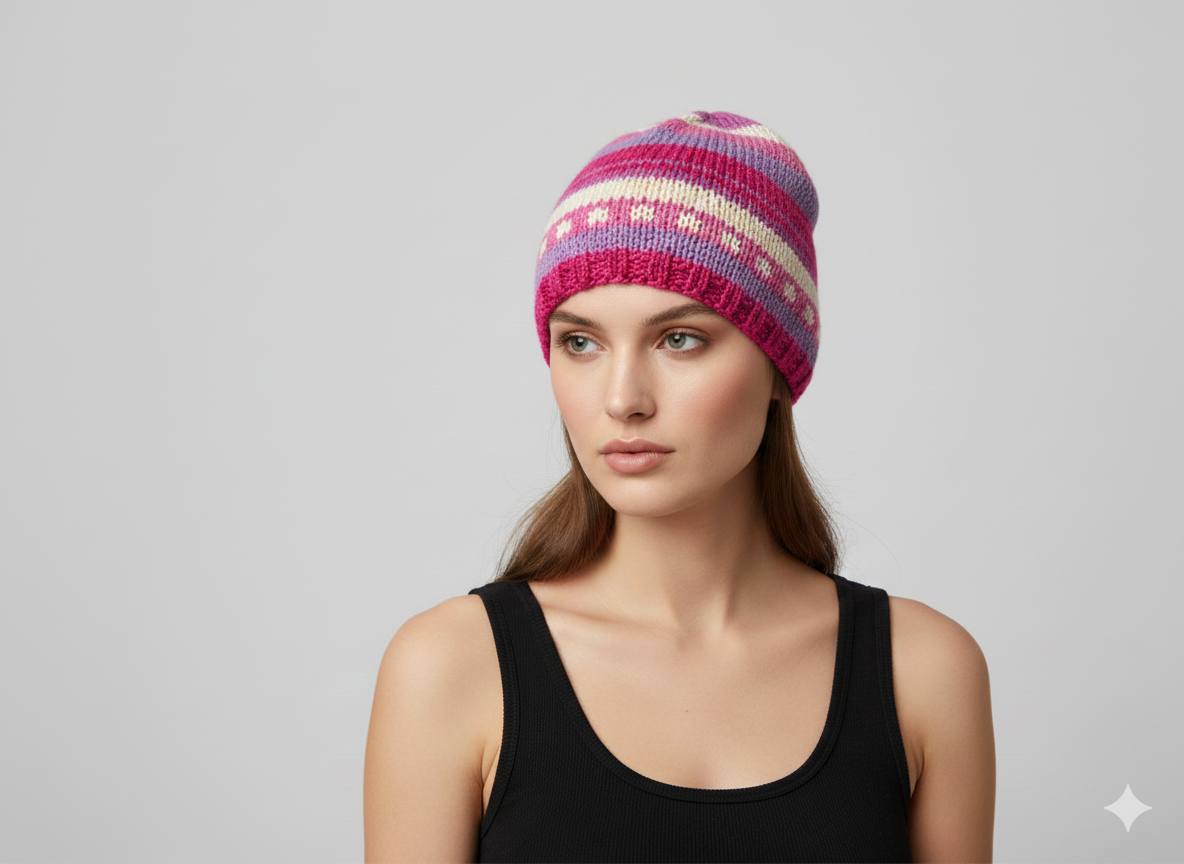 Handmade 100% Wool Beanie Unisex Adults Knit Hat Stripe Warm Fleece Lined boho Winter Cap Pink Multi - P9