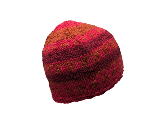 Handmade 100% Wool Beanie Unisex Adults Knit Hat Stripe Warm Fleece Lined boho Winter Cap Red