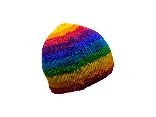 Handmade 100% Wool Beanie Unisex Adults Knit Hat Stripe Warm Fleece Lined boho Winter Cap Rainbow