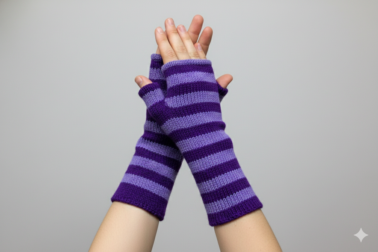 Handmade Knit Handwarmers 100% Wool Winter Striped Fingerless Fleece Lined Gloves Hand Warmer One Size P1