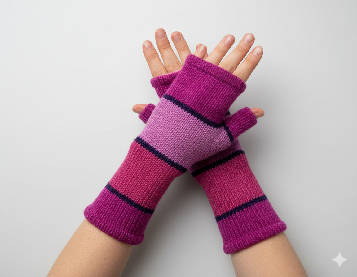 Handmade Knit Handwarmers 100% Wool Winter Striped Fingerless Fleece Lined Gloves Hand Warmer One Size P10