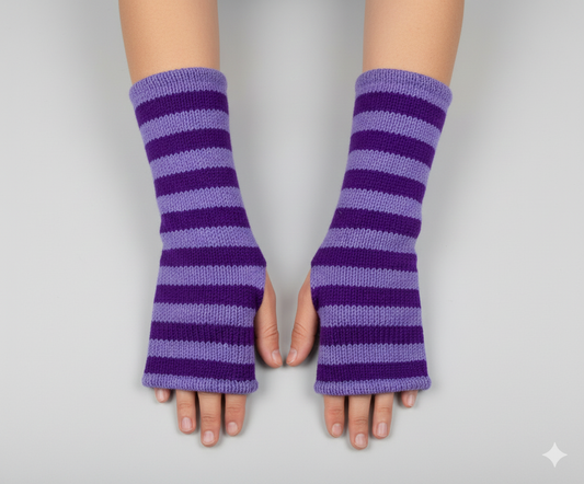 Handmade Knit Handwarmers 100% Wool Winter Striped Fingerless Fleece Lined Gloves Hand Warmer One Size P13