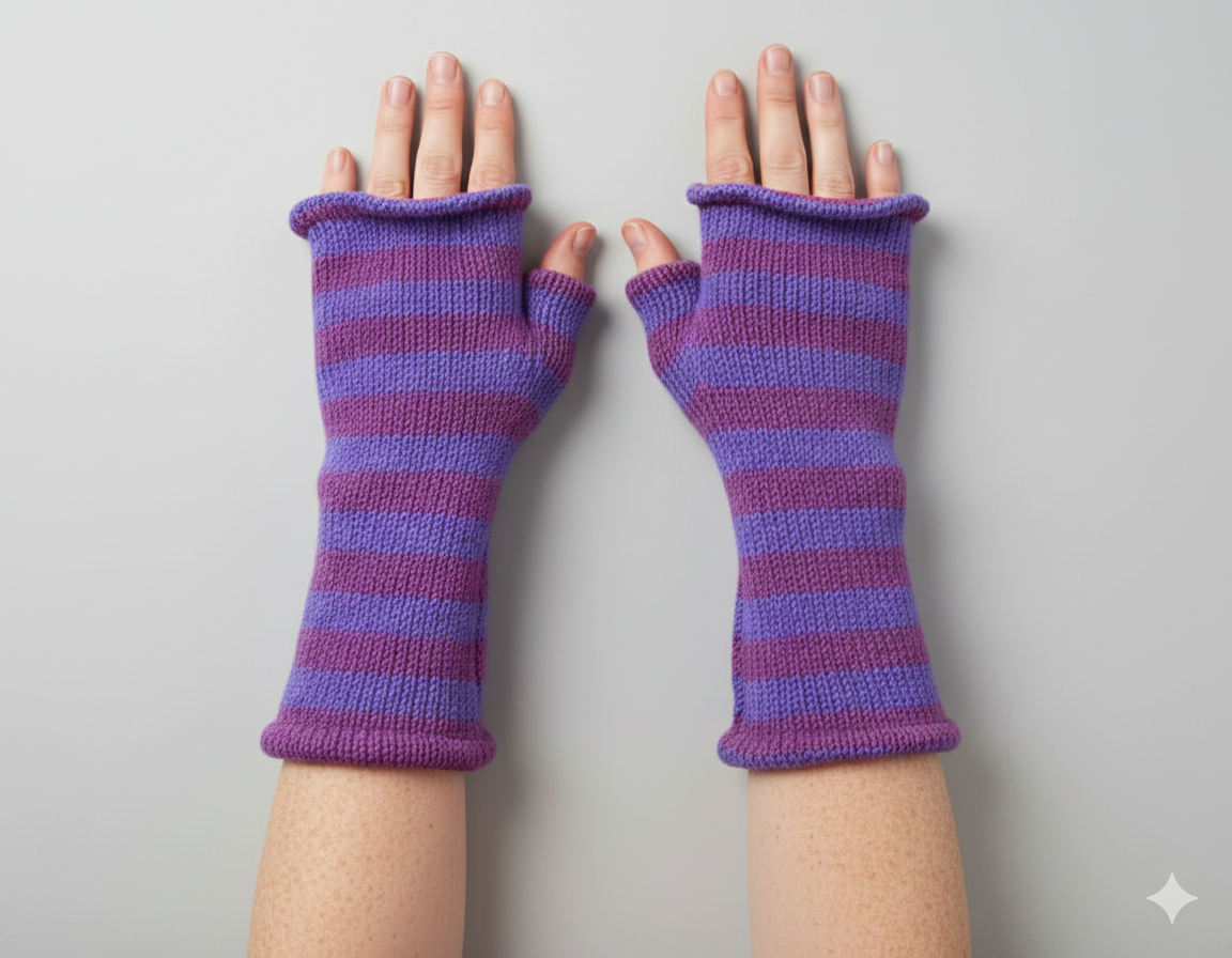 Handmade Knit Handwarmers 100% Wool Winter Striped Fingerless Fleece Lined Gloves Hand Warmer One Size P14