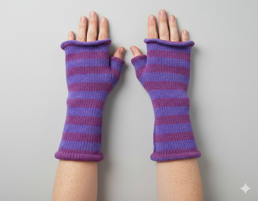 Handmade Knit Handwarmers 100% Wool Winter Striped Fingerless Fleece Lined Gloves Hand Warmer One Size P14