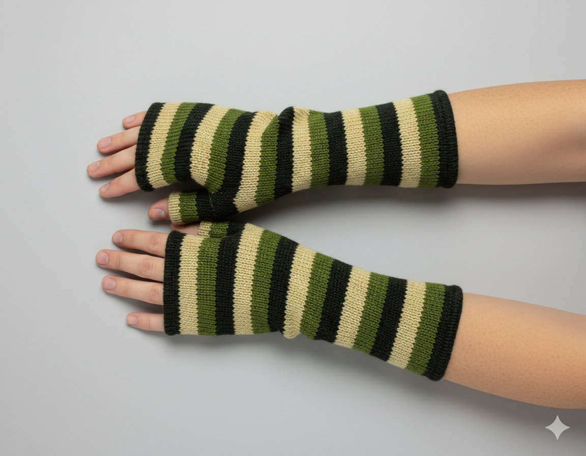 Handmade Knit Handwarmers 100% Wool Winter Striped Fingerless Fleece Lined Gloves Hand Warmer One Size P15