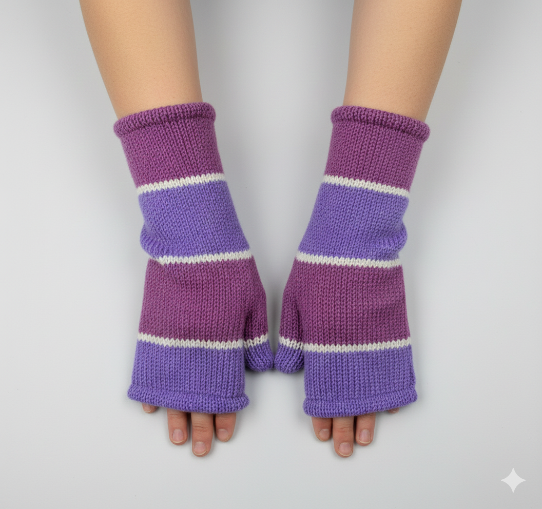 Handmade Knit Handwarmers 100% Wool Winter Striped Fingerless Fleece Lined Gloves Hand Warmer One Size P19