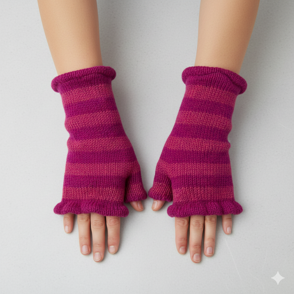 Handmade Knit Handwarmers 100% Wool Winter Striped Fingerless Fleece Lined Gloves Hand Warmer One Size P2