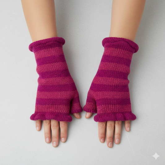 Handmade Knit Handwarmers 100% Wool Winter Striped Fingerless Fleece Lined Gloves Hand Warmer One Size P2