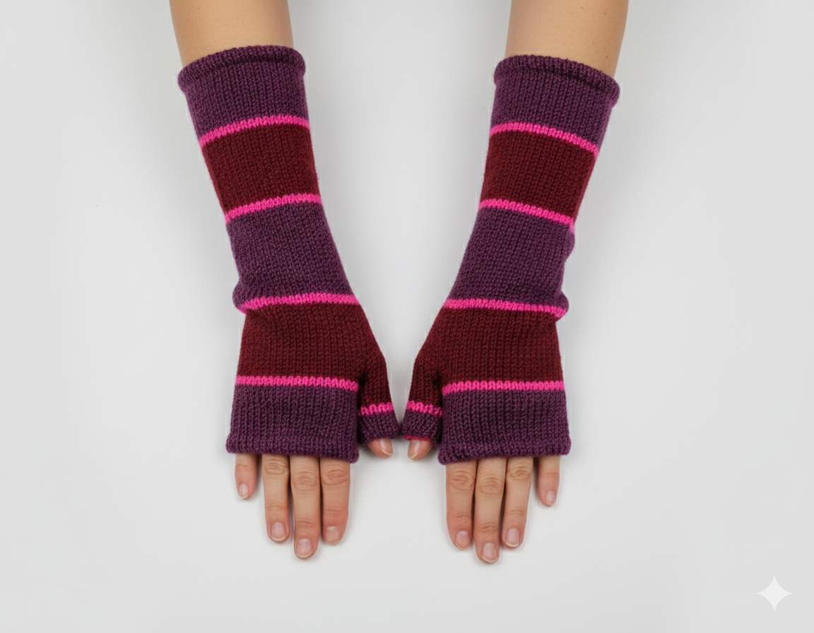 Handmade Knit Handwarmers 100% Wool Winter Striped Fingerless Fleece Lined Gloves Hand Warmer One Size P21