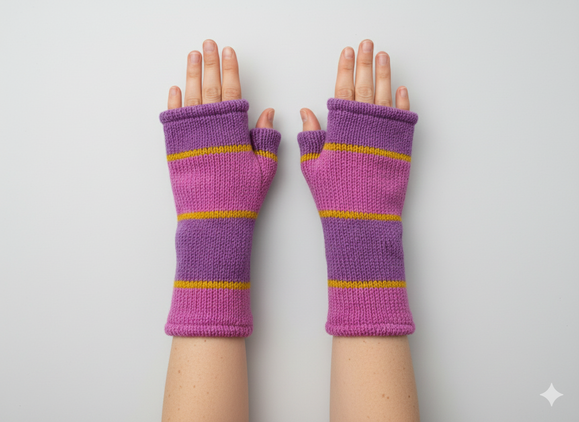 Handmade Knit Handwarmers 100% Wool Winter Striped Fingerless Fleece Lined Gloves Hand Warmer One Size P22