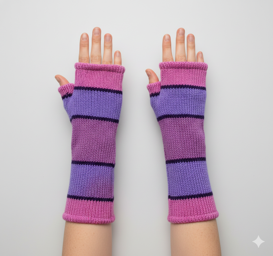 Handmade Knit Handwarmers 100% Wool Winter Striped Fingerless Fleece Lined Gloves Hand Warmer One Size P23