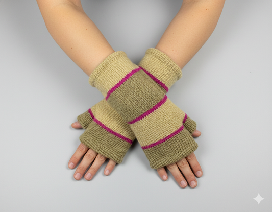 Handmade Knit Handwarmers 100% Wool Winter Striped Fingerless Fleece Lined Gloves Hand Warmer One Size P28