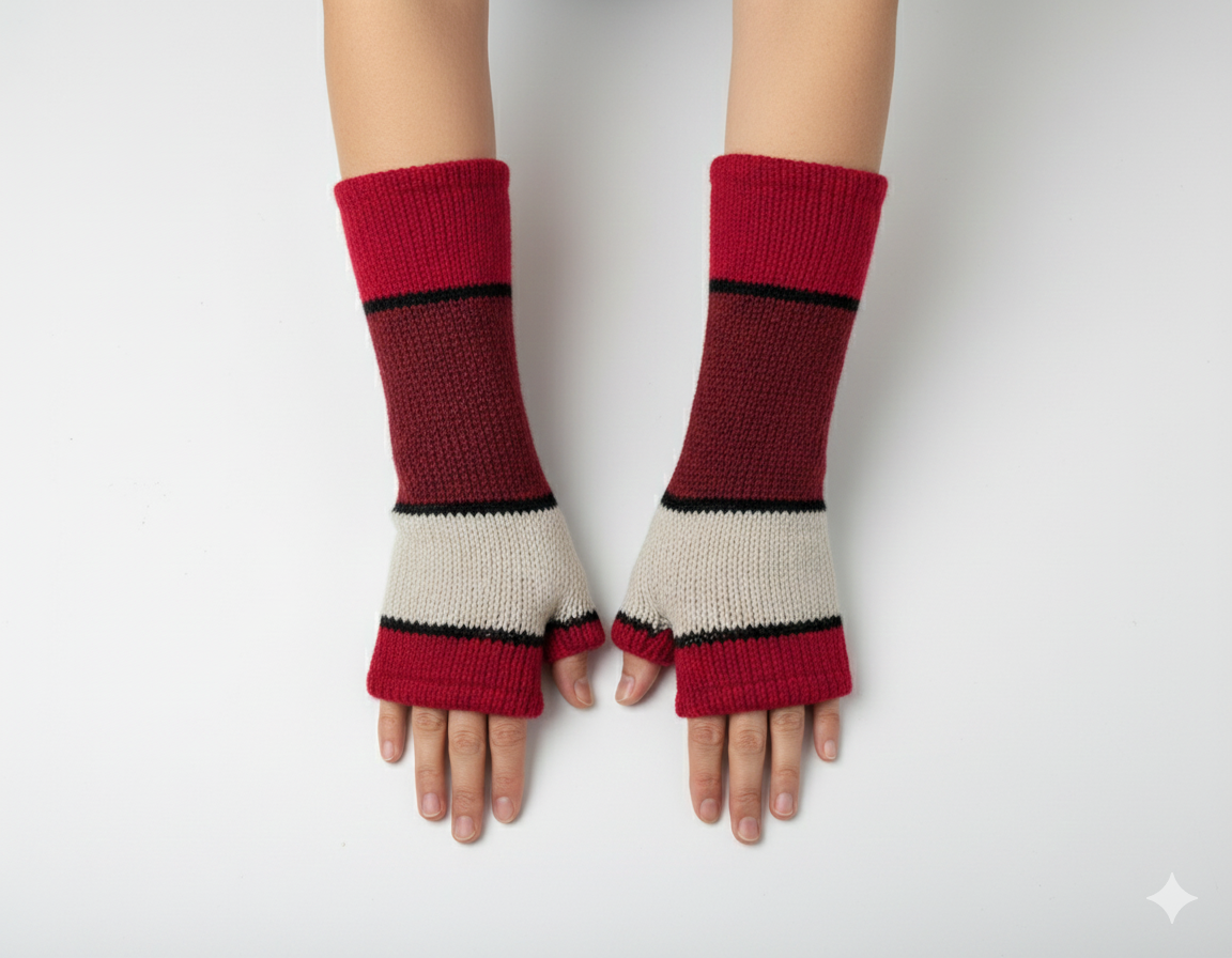 Handmade Knit Handwarmers 100% Wool Winter Striped Fingerless Fleece Lined Gloves Hand Warmer One Size P29