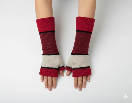 Handmade Knit Handwarmers 100% Wool Winter Striped Fingerless Fleece Lined Gloves Hand Warmer One Size P29