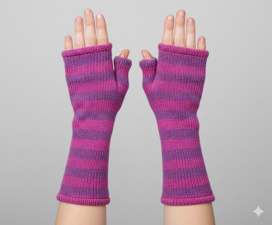 Handmade Knit Handwarmers 100% Wool Winter Striped Fingerless Fleece Lined Gloves Hand Warmer One Size P31