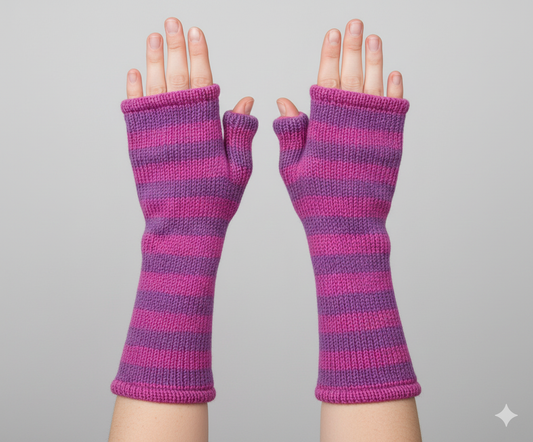 Handmade Knit Handwarmers 100% Wool Winter Striped Fingerless Fleece Lined Gloves Hand Warmer One Size P31
