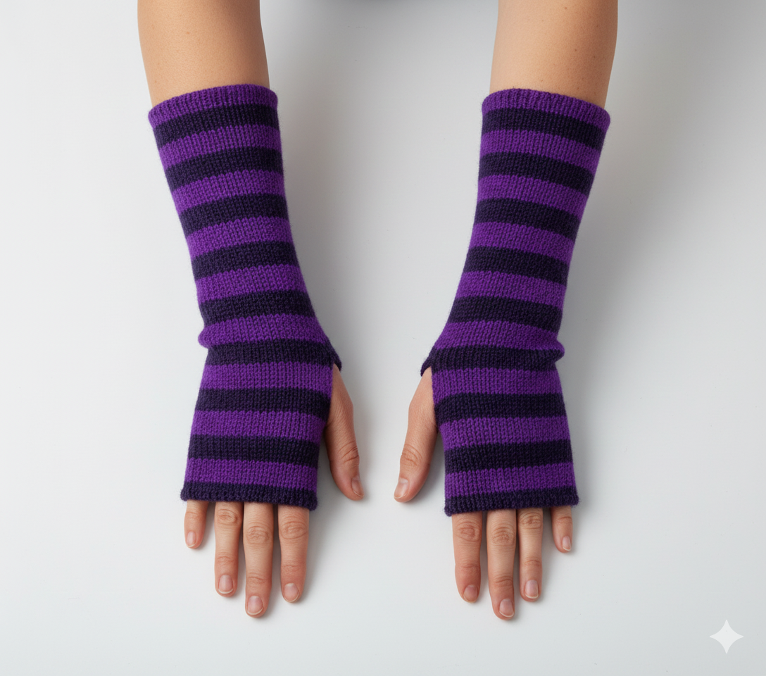 Handmade Knit Handwarmers 100% Wool Winter Striped Fingerless Fleece Lined Gloves Hand Warmer One Size P37