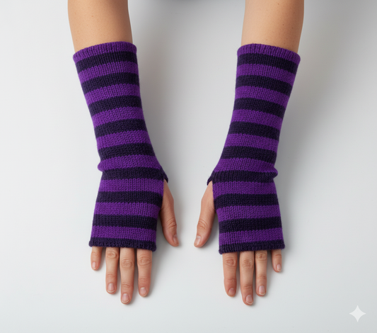 Handmade Knit Handwarmers 100% Wool Winter Striped Fingerless Fleece Lined Gloves Hand Warmer One Size P37