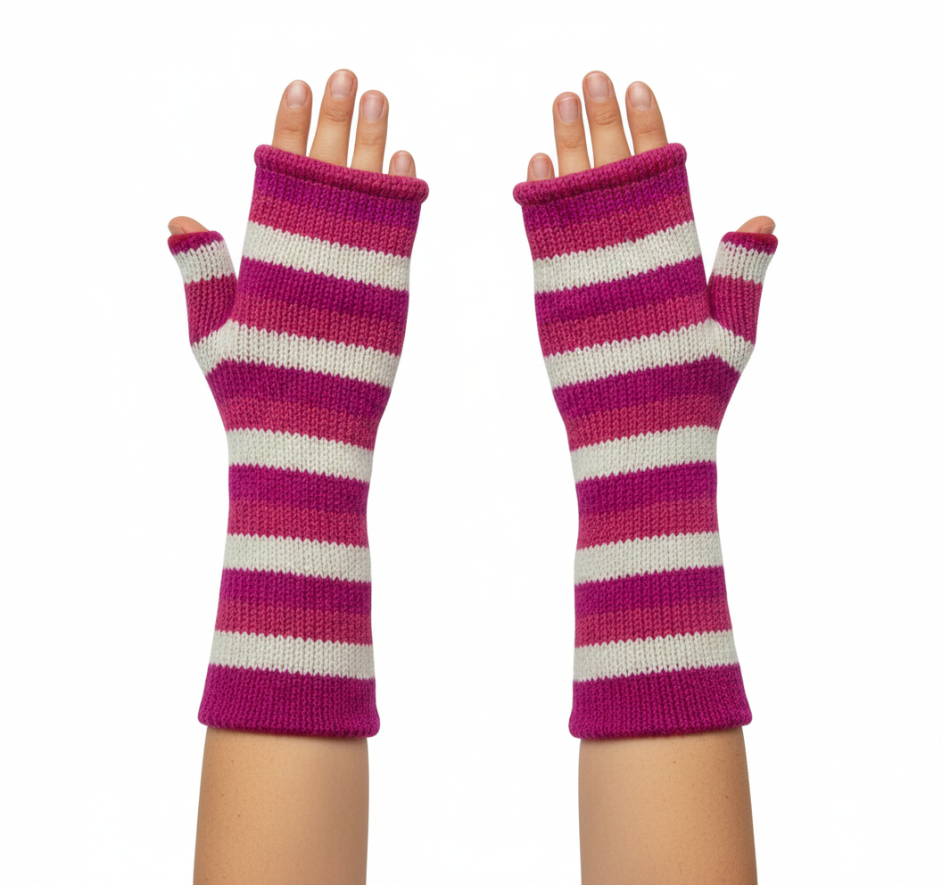 Handmade Knit Handwarmers 100% Wool Winter Striped Fingerless Fleece Lined Gloves Hand Warmer One Size P38