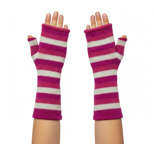 Handmade Knit Handwarmers 100% Wool Winter Striped Fingerless Fleece Lined Gloves Hand Warmer One Size P38
