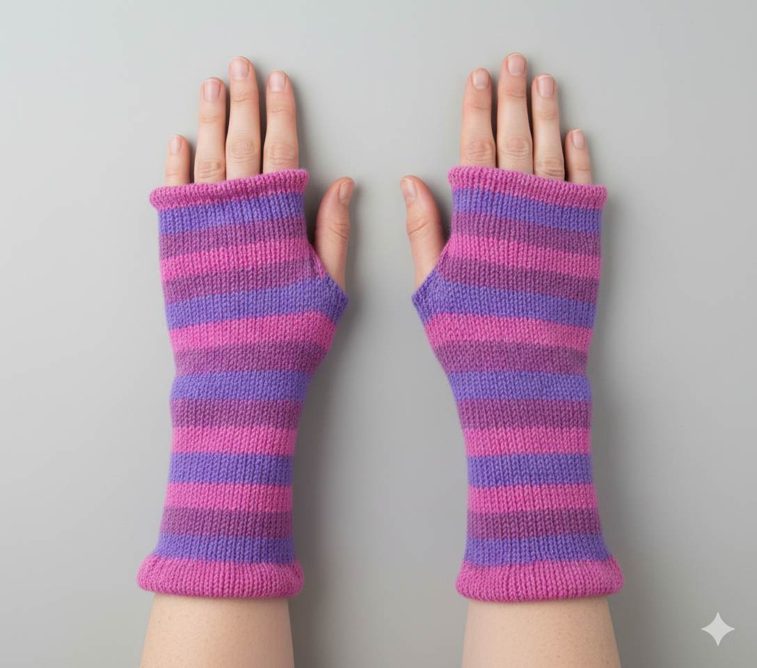 Handmade Knit Handwarmers 100% Wool Winter Striped Fingerless Fleece Lined Gloves Hand Warmer One Size P4
