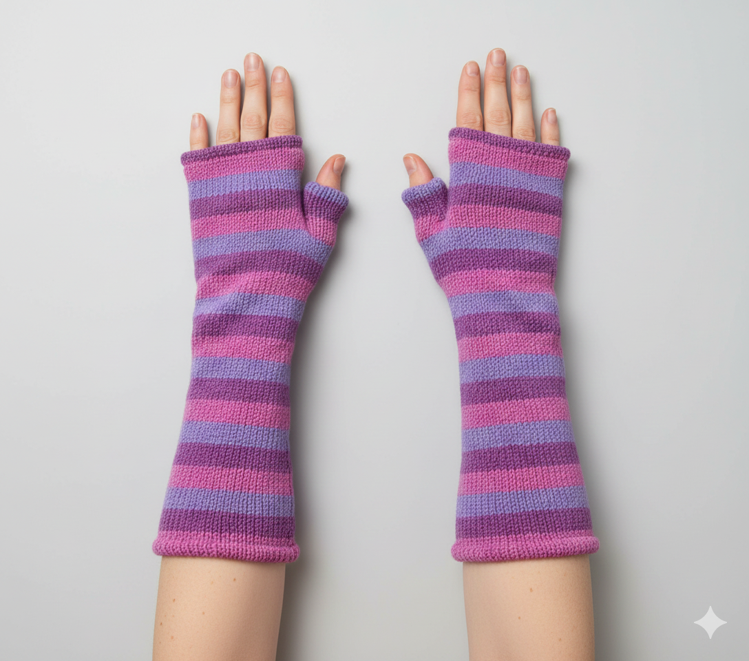 Handmade Knit Handwarmers 100% Wool Winter Striped Fingerless Fleece Lined Gloves Hand Warmer One Size P41
