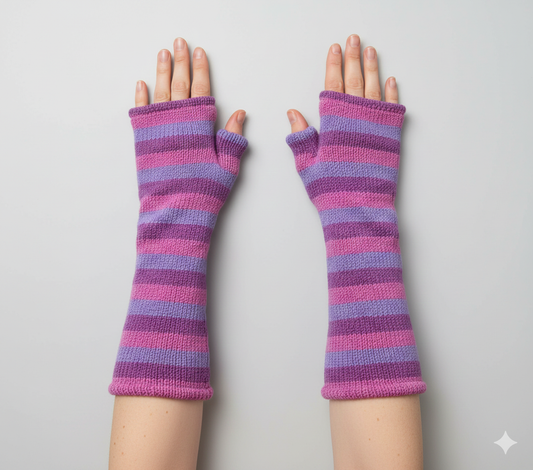 Handmade Knit Handwarmers 100% Wool Winter Striped Fingerless Fleece Lined Gloves Hand Warmer One Size P41