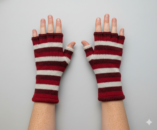 Handmade Knit Handwarmers 100% Wool Winter Striped Fingerless Fleece Lined Gloves Hand Warmer One Size P42