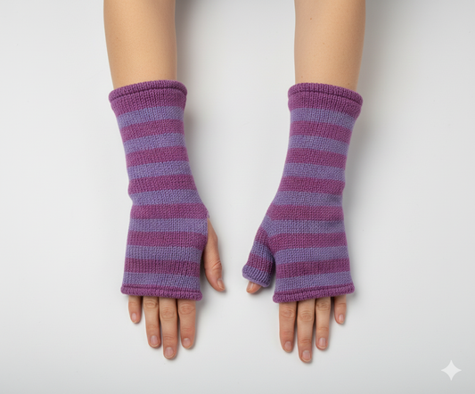 Handmade Knit Handwarmers 100% Wool Winter Striped Fingerless Fleece Lined Gloves Hand Warmer One Size P44