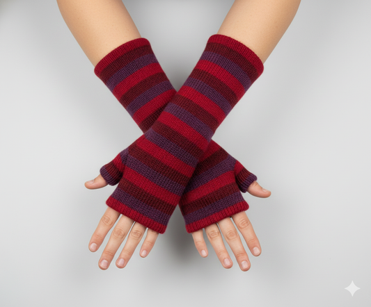 Handmade Knit Handwarmers 100% Wool Winter Striped Fingerless Fleece Lined Gloves Hand Warmer One Size P46