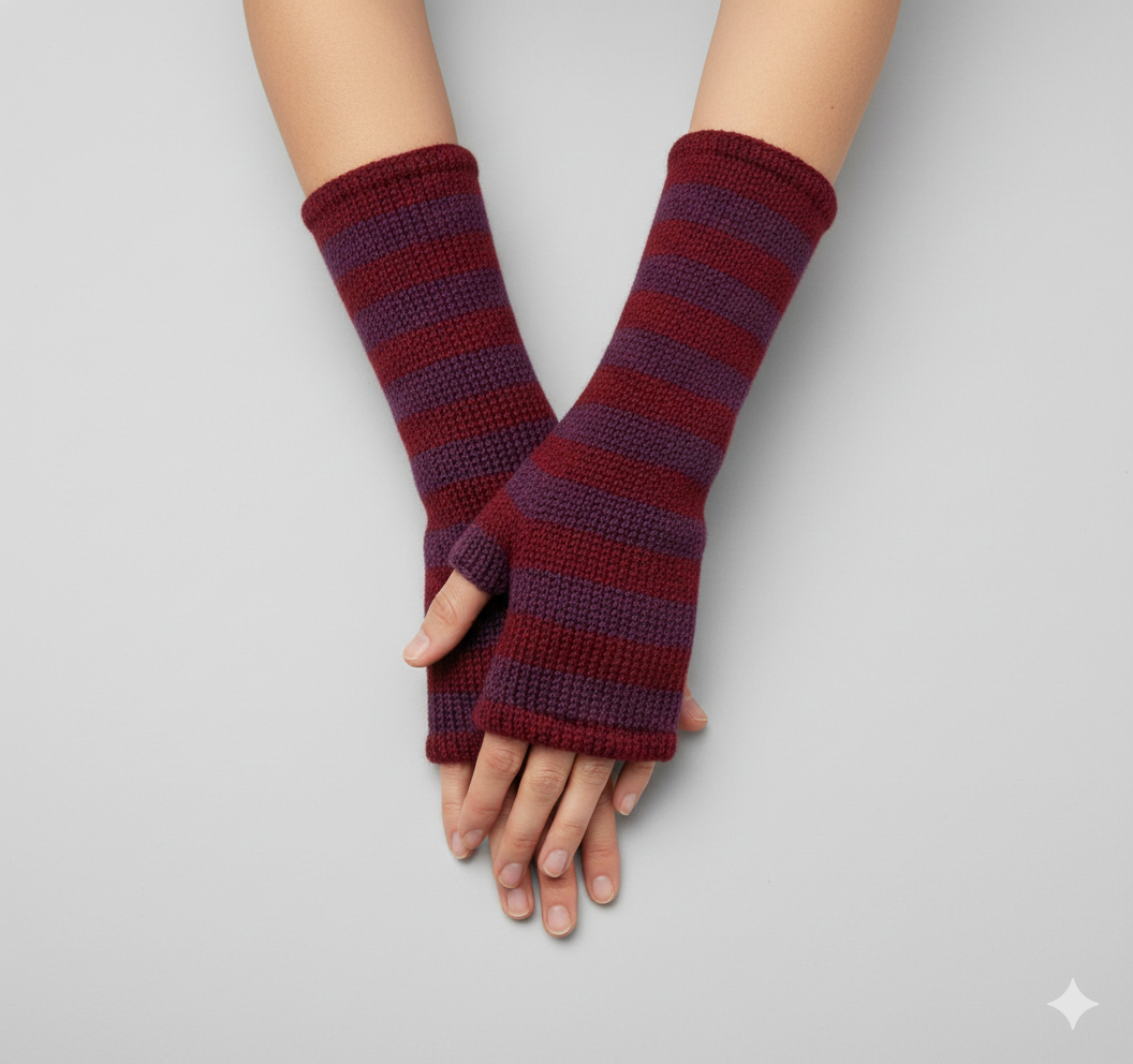 Handmade Knit Handwarmers 100% Wool Winter Striped Fingerless Fleece Lined Gloves Hand Warmer One Size P47