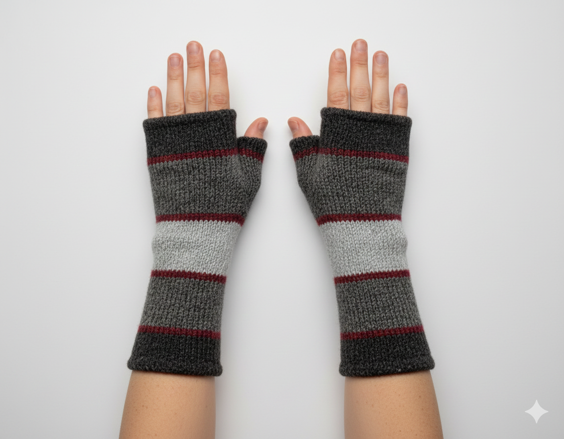 Handmade Knit Handwarmers 100% Wool Winter Striped Fingerless Fleece Lined Gloves Hand Warmer One Size P48