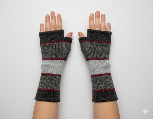 Handmade Knit Handwarmers 100% Wool Winter Striped Fingerless Fleece Lined Gloves Hand Warmer One Size P48