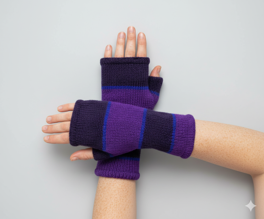 Handmade Knit Handwarmers 100% Wool Winter Striped Fingerless Fleece Lined Gloves Hand Warmer One Size P53