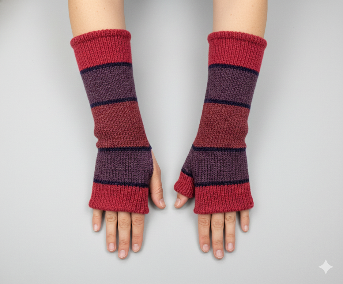 Handmade Knit Handwarmers 100% Wool Winter Striped Fingerless Fleece Lined Gloves Hand Warmer One Size P55