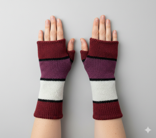 Handmade Knit Handwarmers 100% Wool Winter Striped Fingerless Fleece Lined Gloves Hand Warmer One Size P6