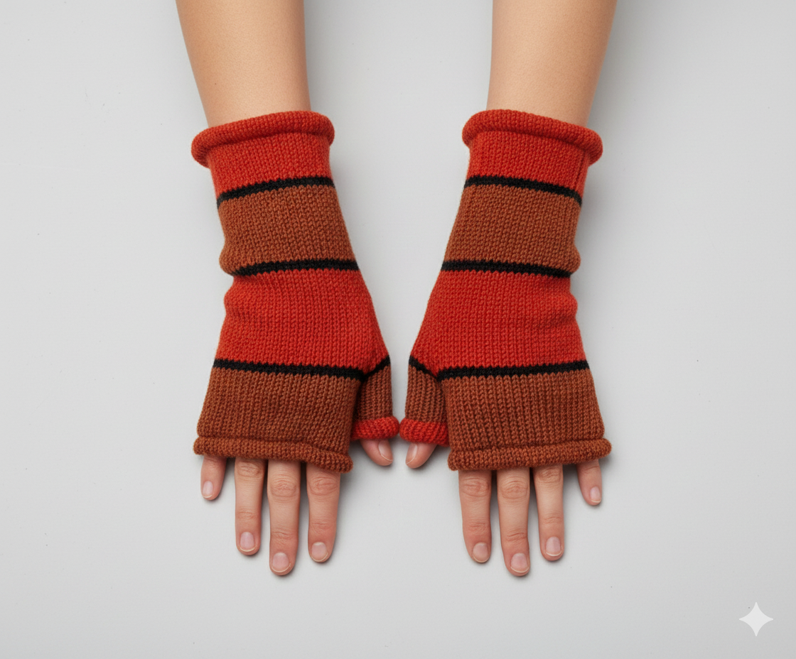 Handmade Knit Handwarmers 100% Wool Winter Striped Fingerless Fleece Lined Gloves Hand Warmer One Size P8
