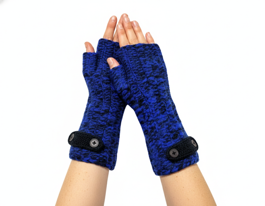 100% Wool Hand Knit Fingerless Gloves | Winter Hand warmers Fleece Lined One Size BLUE