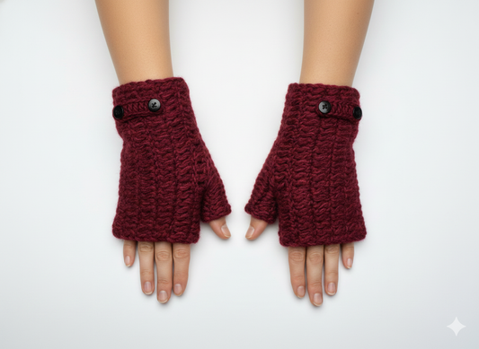 100% Wool Hand Knit Fingerless Gloves | Winter Hand warmers Fleece Lined One Size BURGUNDY