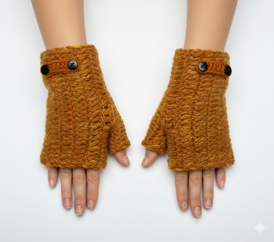 100% Wool Hand Knit Fingerless Gloves | Winter Hand warmers Fleece Lined One Size DARK ORANGE