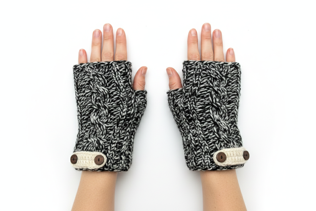 100% Wool Hand Knit Fingerless Gloves | Winter Hand warmers Fleece Lined One Size BLACK