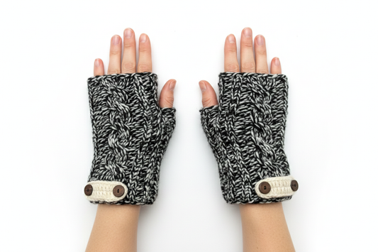 100% Wool Hand Knit Fingerless Gloves | Winter Hand warmers Fleece Lined One Size BLACK