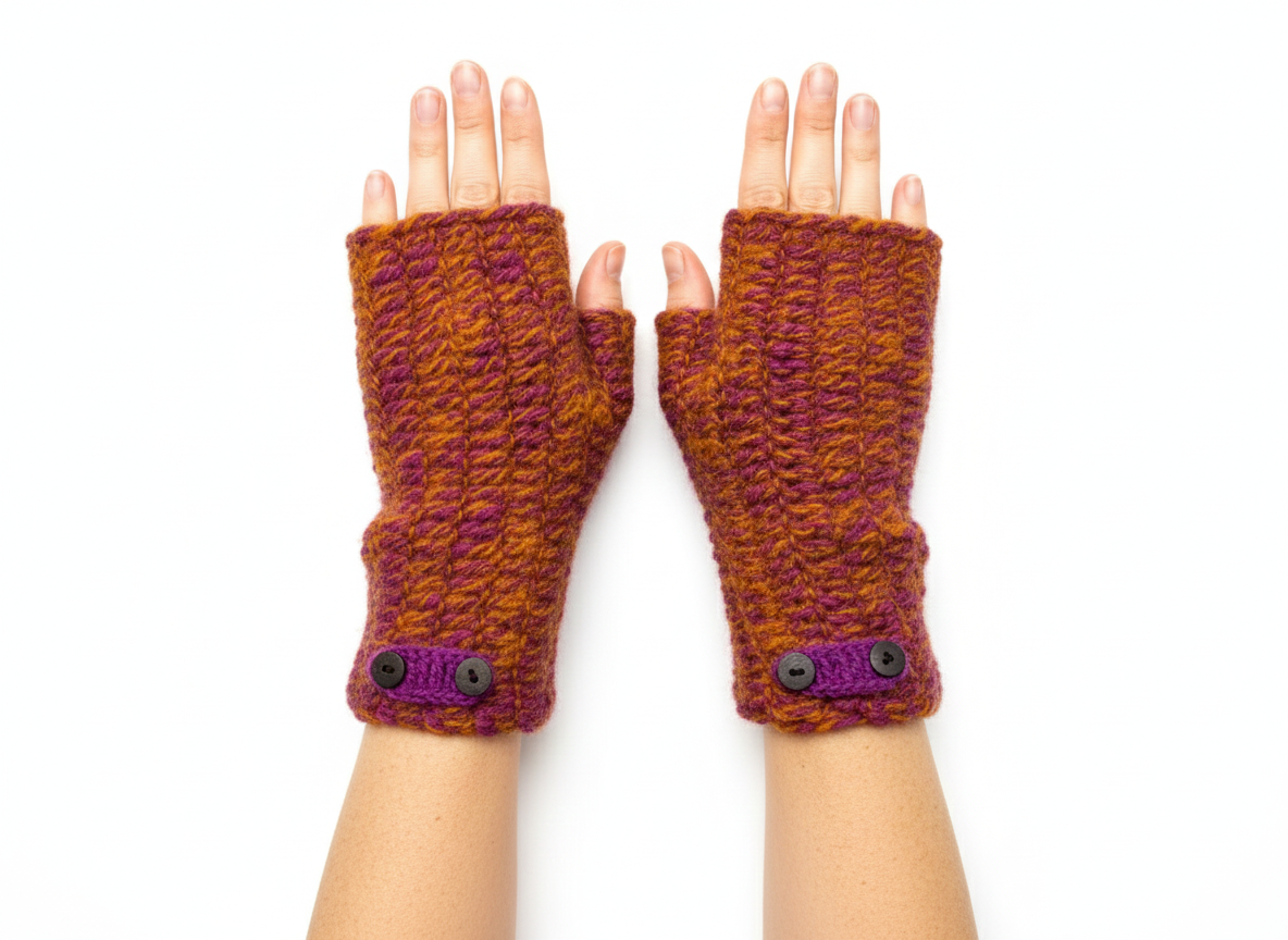 100% Wool Hand Knit Fingerless Gloves | Winter Hand warmers Fleece Lined One Size ORANGE + PURPLE